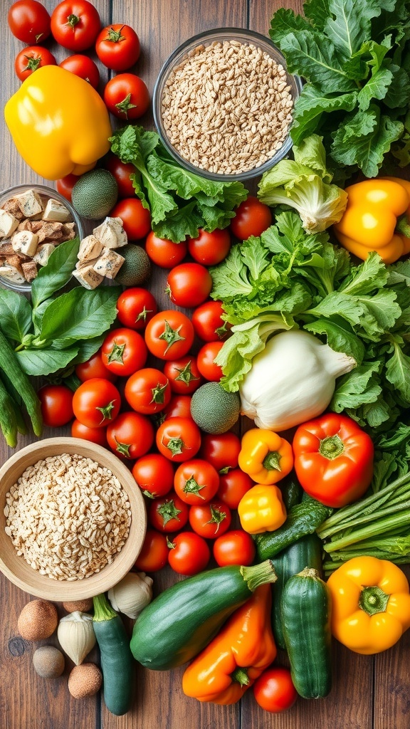 A colorful assortment of fresh produce on a wooden table, representing healthy cooking ingredients.